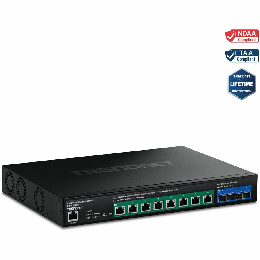 TRENDnet 12-Port 10G PoE++ Web Smart Switch, TPE-7124SBF, 720W PoE Power Budget, 8 x 10G PoE++ Ports, 4 x 10G SFP+ Ports, NDAA TAA Compliant, 1U 19˘ Rack Mountable, Lifetime Protection