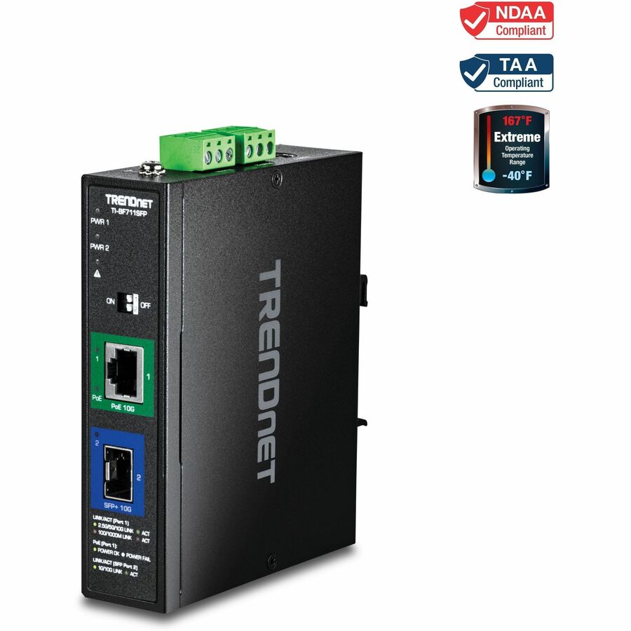 TRENDnet Industrial 10G SFP+ to 10G PoE++ Media Converter, TI-BF711SFP, Hardened IP50 Rated, NDAA & TAA Compliant for Government Use, Provides up to 95W, DIN-Rail and Wall Mounts Included