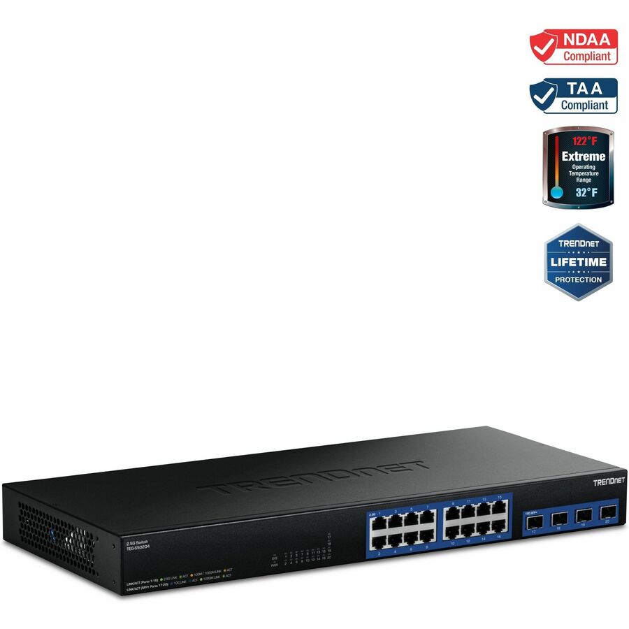 TRENDnet 20-Port 2.5G/Multi-Gig Switch with 10G SFP+ Ports, TEG-S50204, 16 x 2.5G RJ-45 Ports, 4 x 10G SFP+ Ports, 160Gbps, 1U Rack Mountable, NDAA TAA Compliant, Lifetime Protection, Black Visit the TRENDnet Store