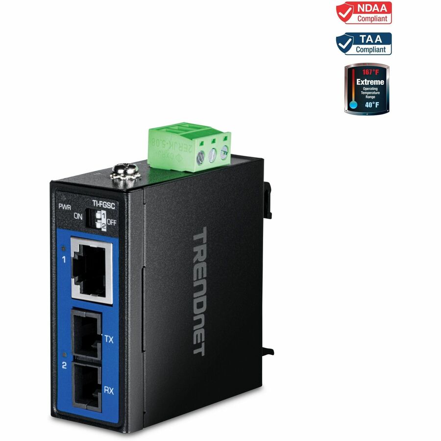 TRENDnet Hardened Industrial 1000BASE-LX Multi-Mode SC Fiber Media Converter (1km, 0.62mi.), TI-FGSC, 1 x Gigabit RJ45 Port, 1 x SC-Type Interface Port, NDAA TAA Compliant