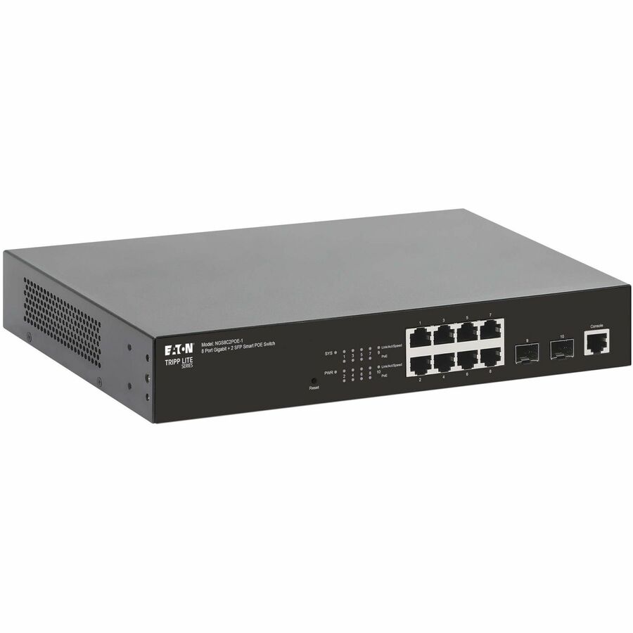 Eaton Tripp Lite series 8-Port Managed Gigabit Ethernet Switch with PoE+ - Layer 2, 1 Gbps, 2x GbE SFP Ports, 140W PoE, 1U Rack/Desktop