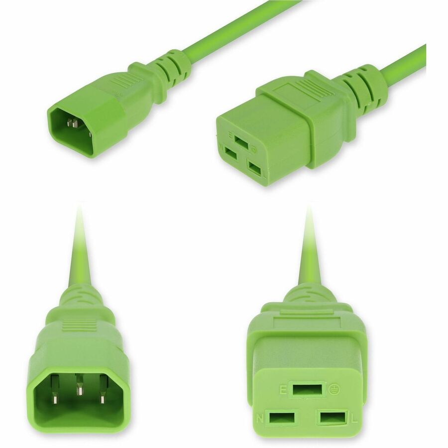 AddOn 1ft C14 Male to C19 Female Industrial Grade 14 AWG 250V at 15A PVC SJT (Service Junior Thermoplastic) Green Power Cable