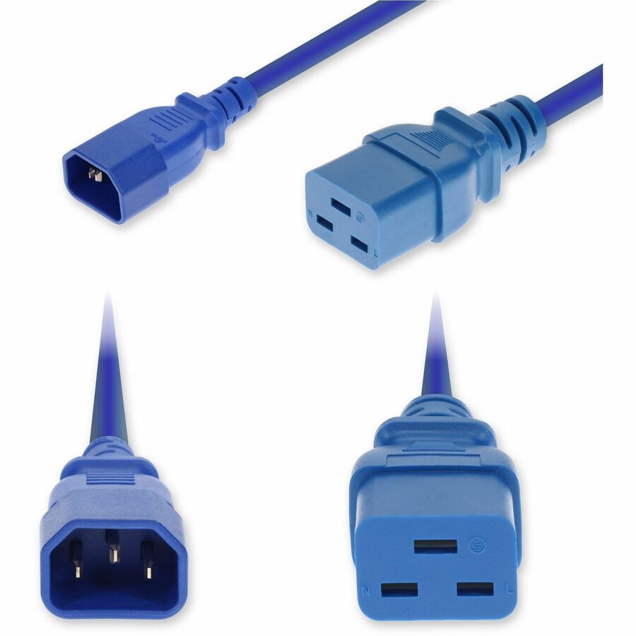 AddOn 2ft C14 Male to C19 Female Industrial Grade 14 AWG 250V at 15A PVC SJT (Service Junior Thermoplastic) Blue Power Cable