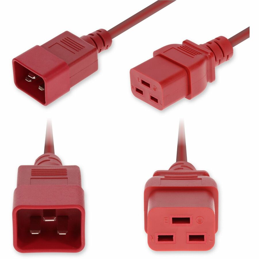 AddOn 2ft C20 Male to C19 Female Standard Commercial Temp 12 AWG 250V at 20A PVC SJT (Service Junior Thermoplastic) Red Power Cable