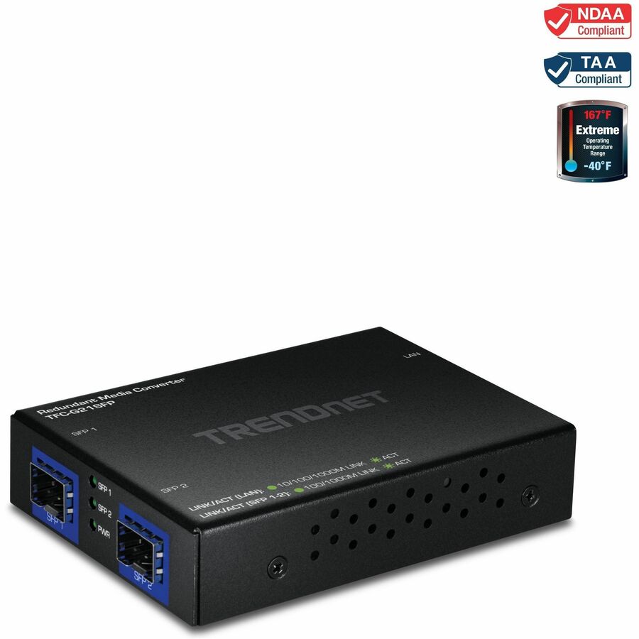 TRENDnet 1000BASE-T to Dual SFP Fiber Media Converter with Redundant Mode, TFC-G21SFP, 1 x Gigabit RJ45 Port, 2 x Gigabit SFP Ports, NDAA & TAA Compliant