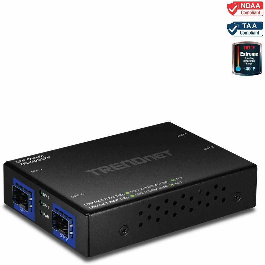TRENDnet 4-Port Gigabit Switch with SFP Ports, TFC-G22SFP, 2 x 1Gbps RJ45 Ports, 2 x 1Gbps SFP Ports, 8Gbps Switching Capacity, NDAA & TAA Compliant