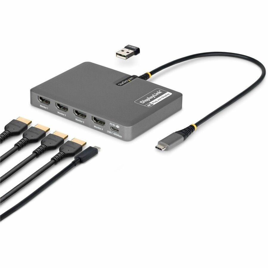 StarTech USB-C to Quad-Monitor Workstation Adapter, 4K 60Hz HDMI, 140W PD Passthrough for Laptop Charging, 1x USB 2.0 Port, TAA