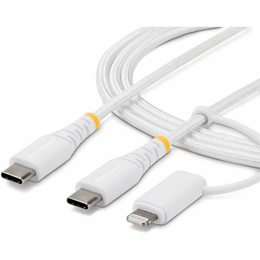 StarTech 2m (6.6ft) 2-in-1 Rugged USB-C Charging Cable with Lightning Adapter, 30W/60W, Apple MFi Certified Braided USB C Charger Cord