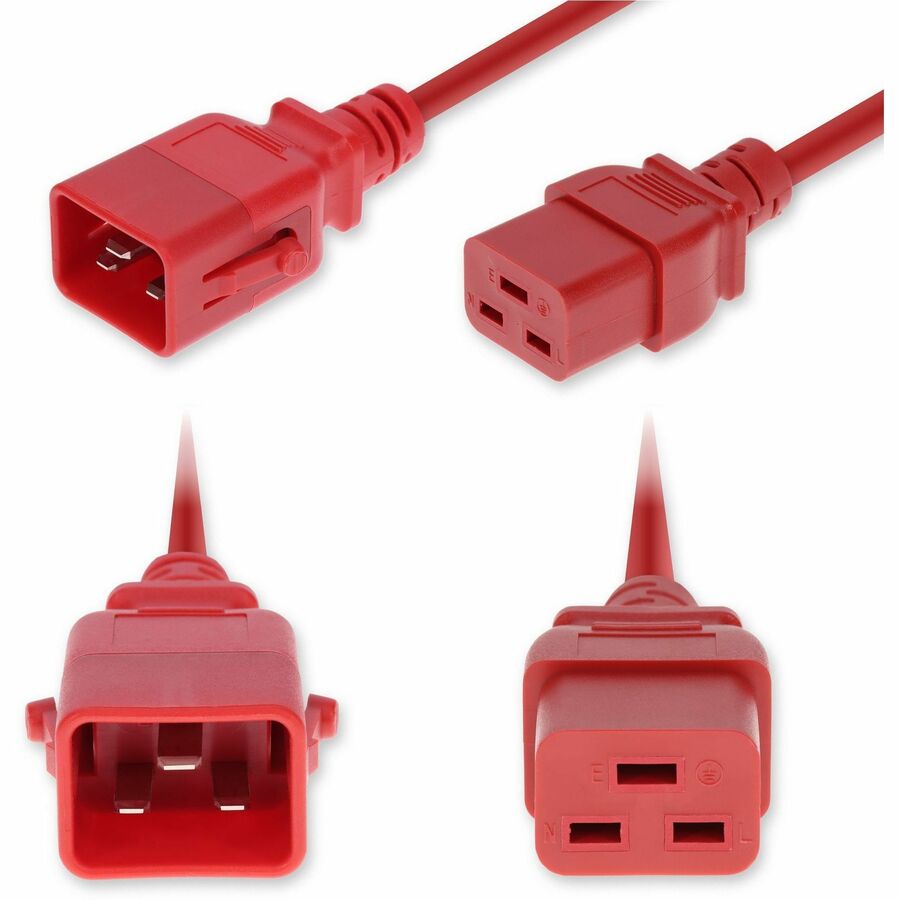 AddOn 2ft C20 Male to C19 P-lock Compatible Female Standard Commercial Temp 14 AWG 250V at 15A PVC SJT (Service Junior Thermoplastic) Red Power Cable
