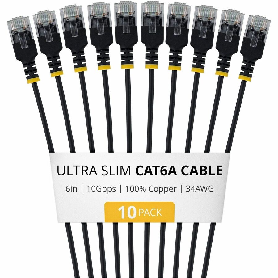 StarTech 6in Black Ultra Slim Cat6A Ethernet Cable, 10 Pack, UTP, Bare Copper Wire, 34AWG Ultra Slim RJ45 Patch Cord
