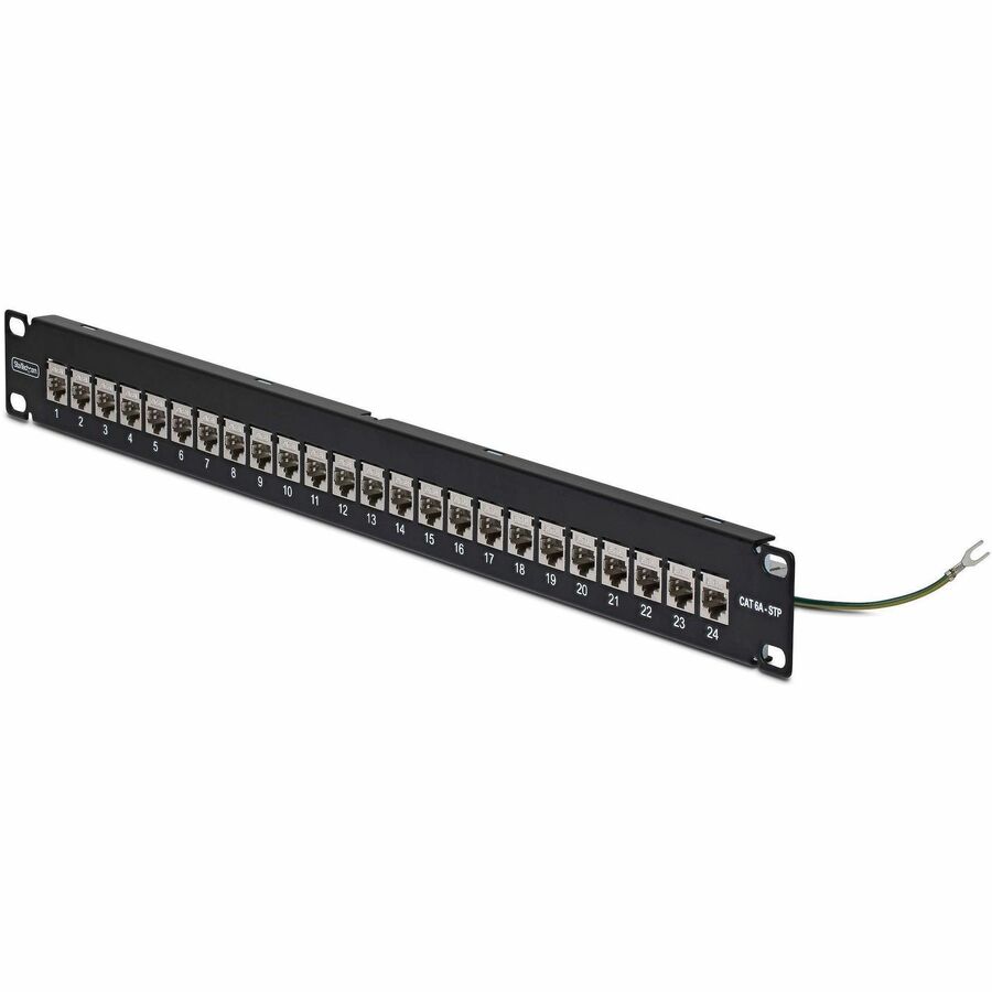 StarTech 24 Port 1U Feed Through Patch Panel with Cable Management Bar, Rackmount Shielded Cat6a Patch Panel with RJ45 Inline Couplers
