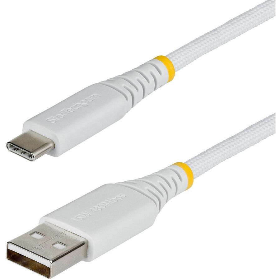 StarTech 1ft (30cm) USB-A to USB-C Fast Charging Cable, 15W 3A, Braided Nylon/TPE Jacket, Durable USB-A to Type C Charger Cord, White