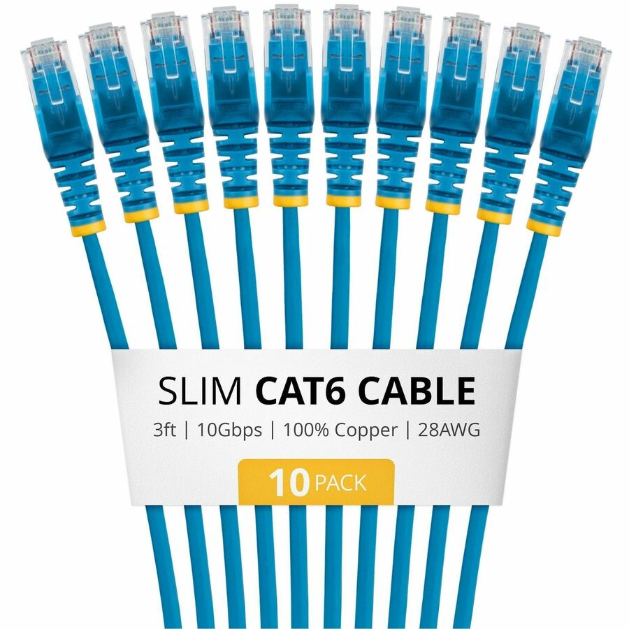 StarTech 3ft Blue Slim CAT6 Cable, 10 Pack, Snagless RJ45, UTP, LSZH, 28AWG Pure Bare Copper, Slim Network Patch Cord