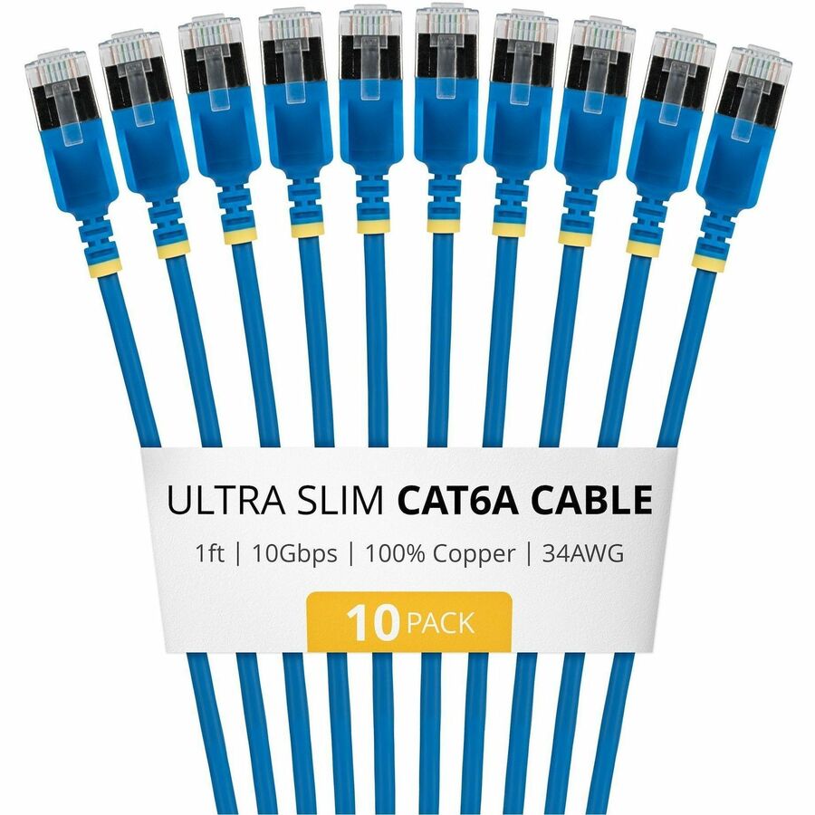 StarTech 1ft Blue Ultra Slim Cat6A Ethernet Cable, 10 Pack, Snagless, FTP, Bare Copper Wire, 34AWG Ultra Slim RJ45 Patch Cord