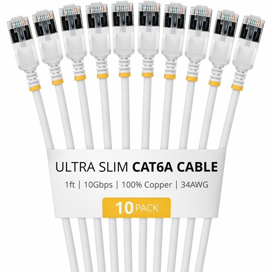 StarTech 1ft White Ultra Slim Cat6A Ethernet Cable, 10 Pack, Snagless, FTP, Bare Copper Wire, 34AWG Ultra Slim RJ45 Patch Cord