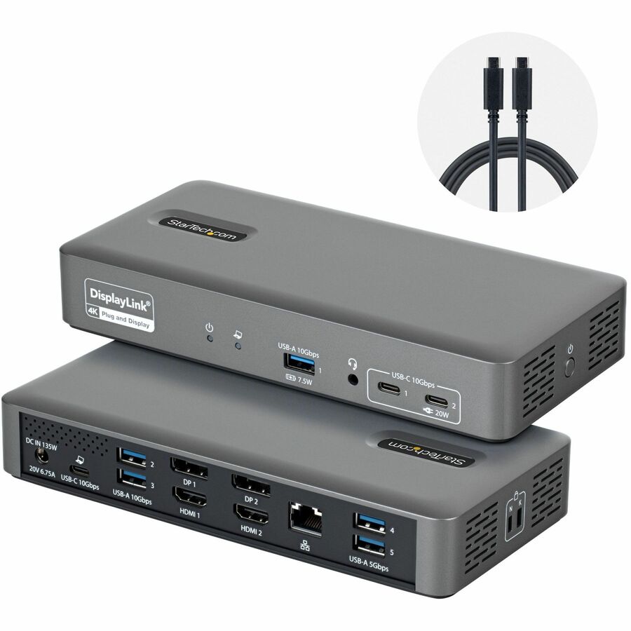 StarTech Dual-Monitor USB-C Docking Station, HDMI or DisplayPort, 96W Laptop Charging, GbE, Smart Dock, Windows/macOS