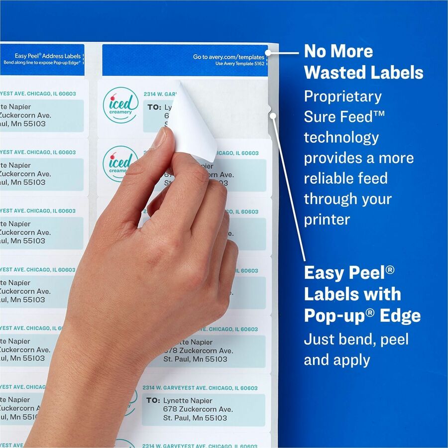 Avery® Easy Peel® Address Labels with Sure Feed™ Technology - 1" Height x 4" Width - Permanent Adhesive - Rectangle - Laser - Bright White - Paper - 20 / Sheet - 100 Total Sheets - 2000 Total Label(s) - 2000 / Box - Mailing & Address Labels - AVE5161