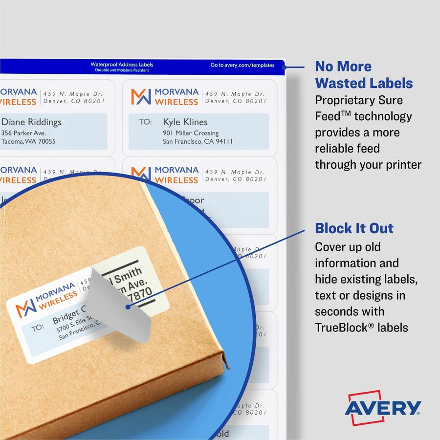 Avery® TrueBlock(R) Shipping Labels, Sure Feed(TM) Technology, Permanent Adhesive, 3-1/2" x 5" , 400 Labels (5168) - 3 1/2" Height x 5" Width - Permanent Adhesive - Rectangle - Laser - White - Paper - 4 / Sheet - 100 Total Sheets - 400 Total Label(s)  - Mailing & Address Labels - AVE5168