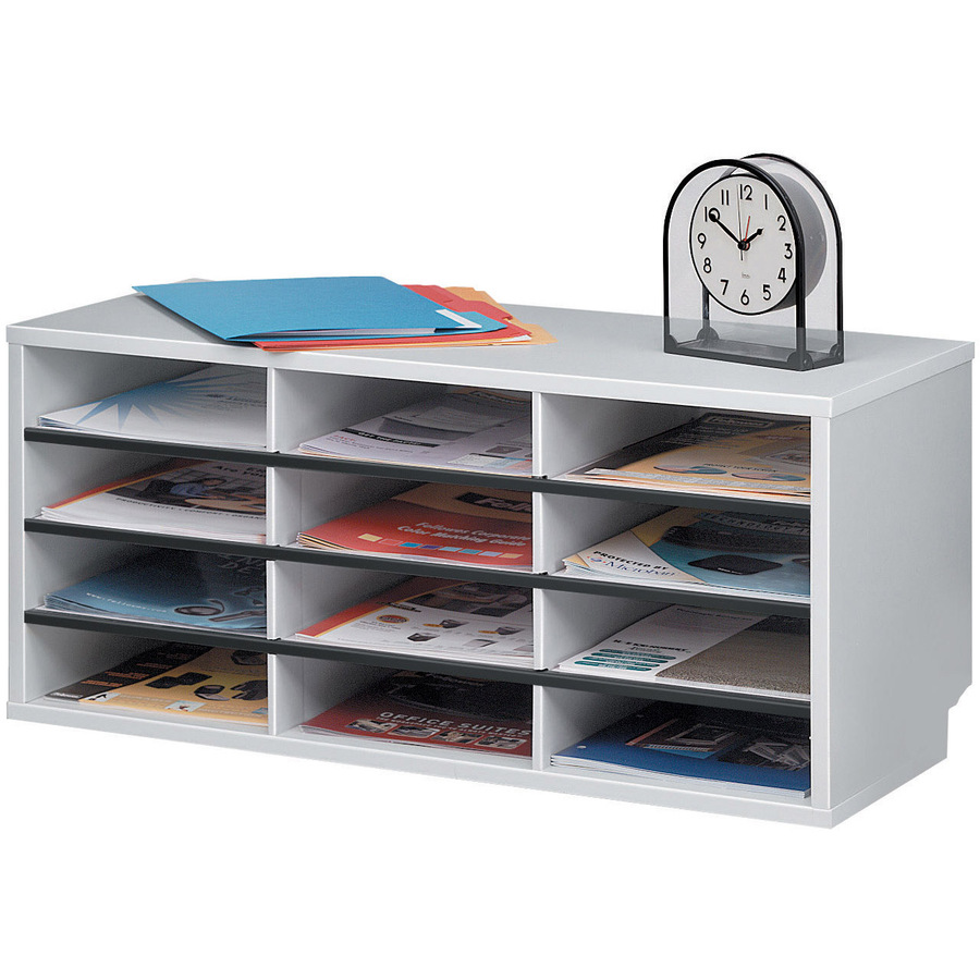 Fellowes Literature Organizer - 12 Compartment Sorter, Dove Gray - 12 Compartment(s) - Compartment Size 2.50" (63.50 mm) x 9" (228.60 mm) x 11.63" (295.27 mm) - 12.9" Height x 29" Width x 11.9" Depth - Corrugated - Dove Gray - Particleboard - 1 Each - Literature Organizers/Sorters - FEL25004