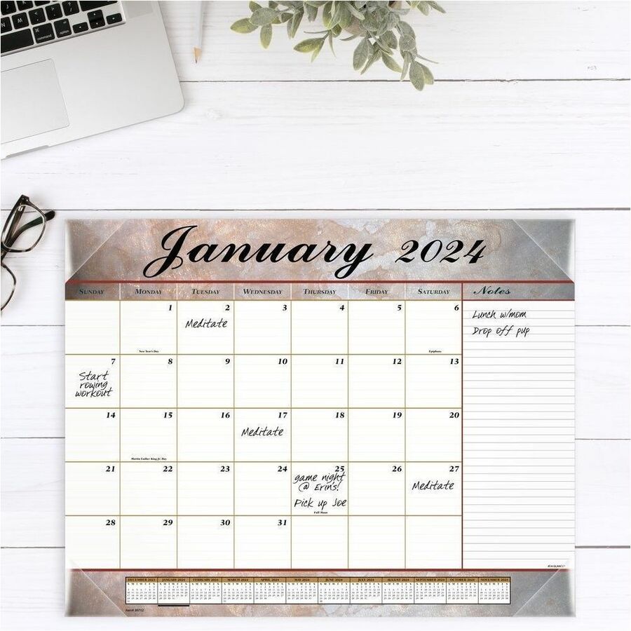 At-A-Glance Marbled Desk Pad - Standard Size - Monthly - 12 Month - January 2024 - December 2024 - 1 Month Single Page Layout - 21 3/4" x 17" White Sheet - 2.43" x 2.25" Block - Desk Pad - Rose, Gray, Burgundy - Poly, Paper - Bleed Resistant Paper, Ruled 