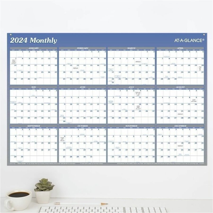 At-A-Glance Vertical Horizontal Reversible Erasable Wall Calendar - Large Size - Yearly - 12 Month - January 2024 - December 2024 - 36" x 24" White Sheet - Blue - Laminate - Erasable, Reversible, Write on/Wipe off, Unruled Daily Block, Year Date Indicator