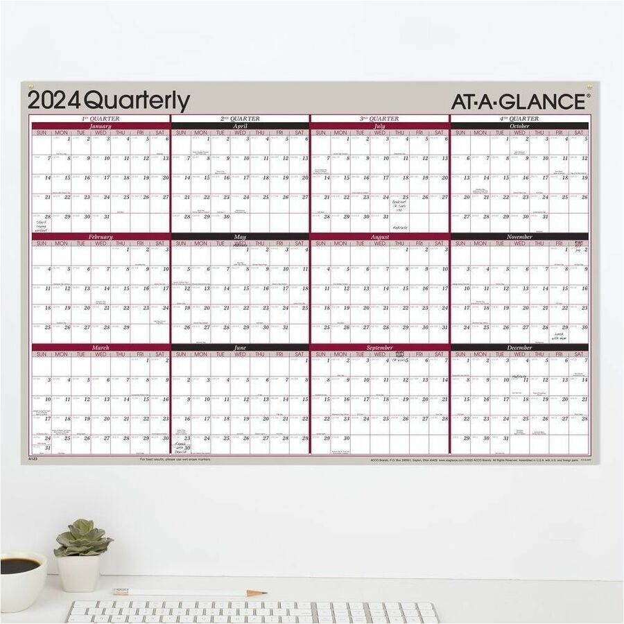 At-A-Glance Vertical Horizontal Reversible Erasable Quarterly Wall Calendar - Large Size - Julian Dates - Yearly, Quarterly - 12 Month - January 2024 - December 2024 - 24" x 36" White Sheet - 1" x 1.31" , 1.25" x 1.19" Block - Gray - Laminate - Erasable, 