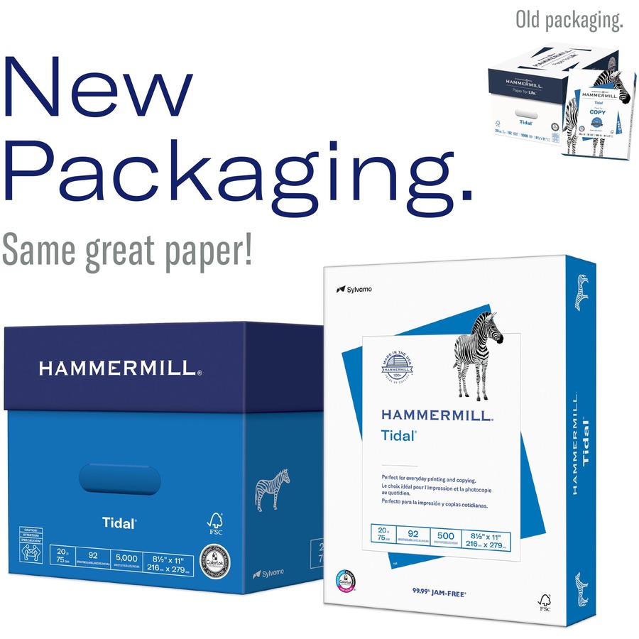 Hammermill Tidal Express Pack Laser, Inkjet Copy & Multipurpose Paper - White - Recycled - 92 Brightness - Letter - 8 1/2" x 11" - 20 lb Basis Weight - 2500 / Carton - SFI - Copy & Multi-use White Paper - HAM163120