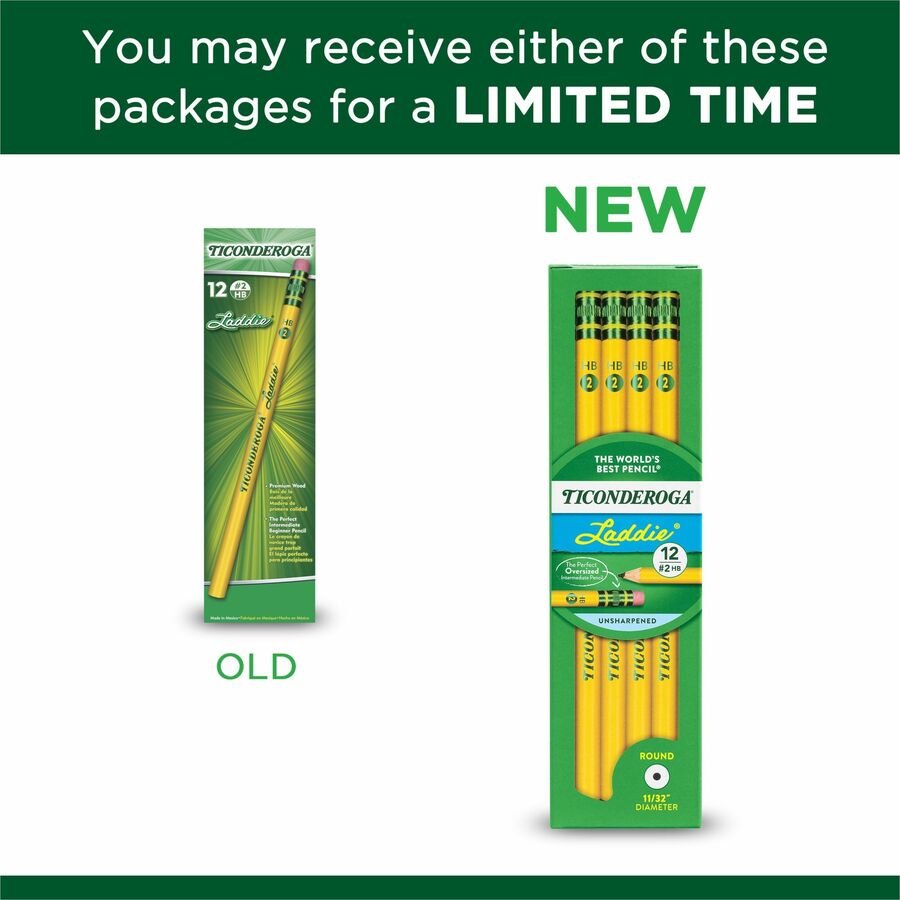Ticonderoga Laddie No. 2 Pencils with Erasers - #2 Lead - Yellow Barrel - 1 Dozen