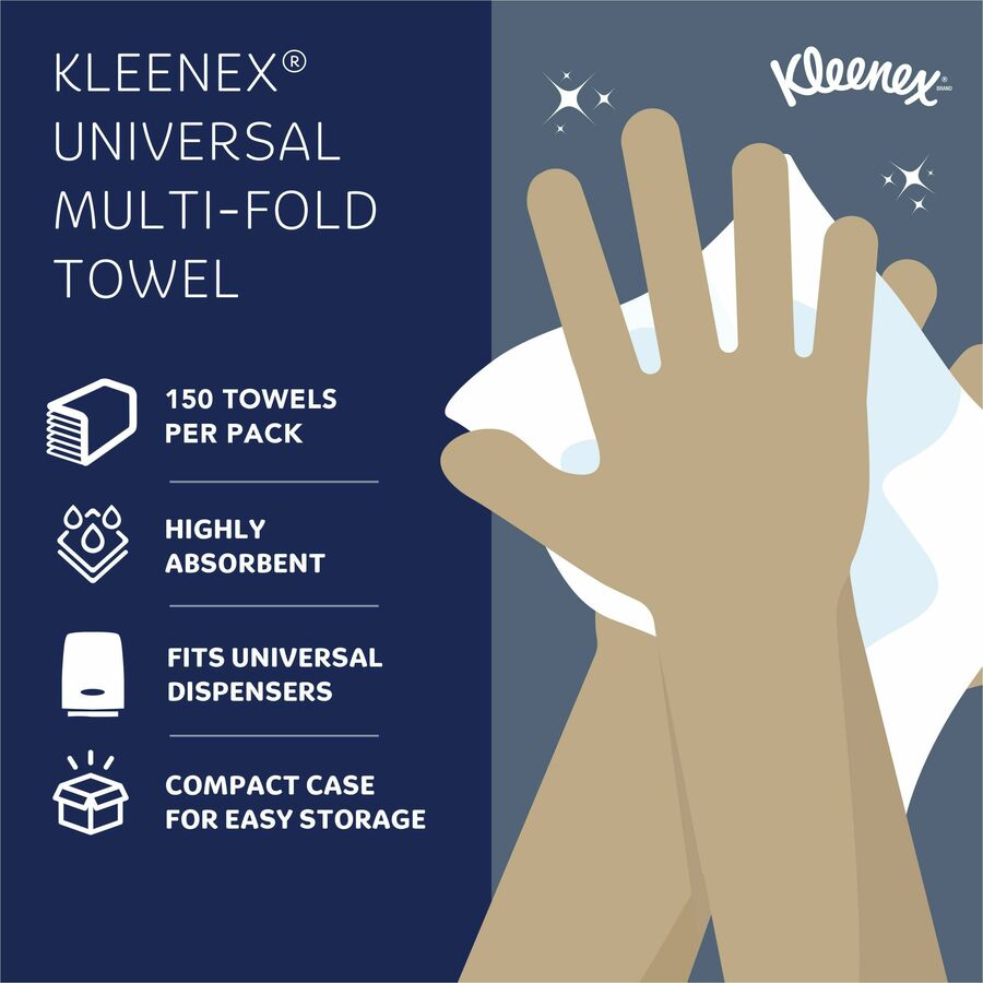 Kleenex Multi-Fold Towels - 1 Ply - 9.5" x 9.4" - White - Soft, Absorbent - 150 Per Pack - 1200 / Carton - Paper Towels - KCC02046