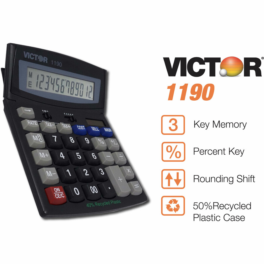 Victor 1190 Desktop Display Calculator - Easy-to-read Display, Large LCD, Tilt Display, Sign Change, Automatic Power Down, Independent Memory, Battery Backup, Environmentally Friendly, 3-Key Memory - Battery/Solar Powered - 1" x 5.9" x 7.8" - Black - 1 Ea - Desktop Display Calculators - VCT1190