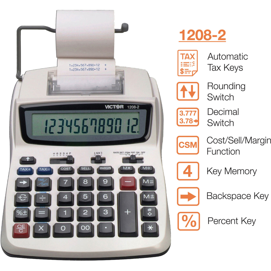 Victor 1208-2 12 Digit Compact Commercial Printing Calculator - 2.3 LPS - Extra Large Display, Clock, Date, Sign Change, Environmentally Friendly, Independent Memory, 4-Key Memory - AC Supply/Power Adapter Powered - 1.5" x 6" x 7.5" - White - 1 Each