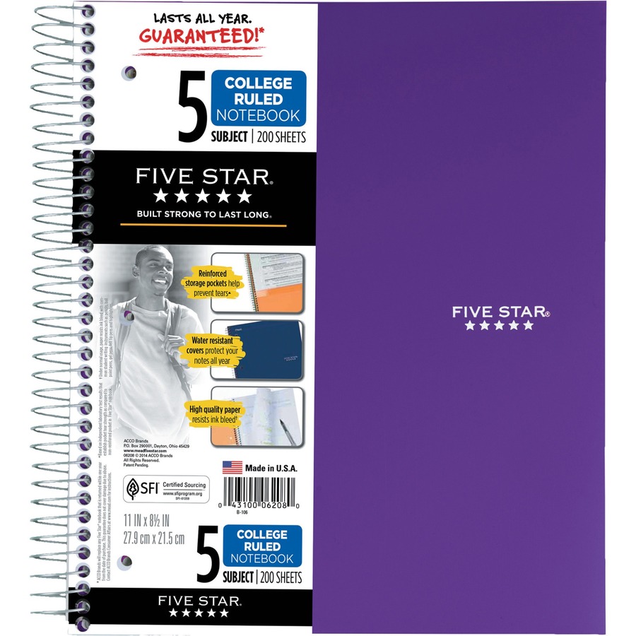 Mead Five-Star Wirebound 5-Subject Notebook - 200 Sheets - Wire Bound - 11" x 8 1/2" - White Paper - Assorted Cover - Pocket, Stiff-back, Perforated, Pocket Divider, Heavyweight, Subject, Spiral Lock - 1 Each