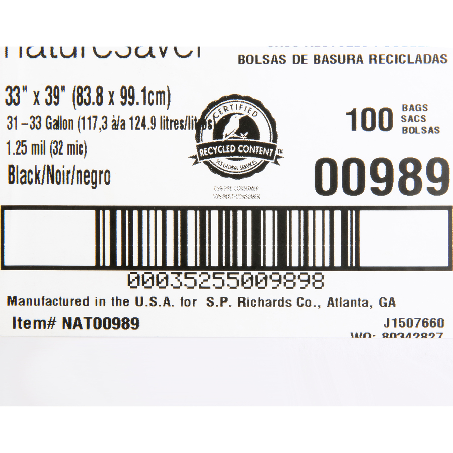 Nature Saver Black Low-density Recycled Can Liners - Medium Size - 124.92 L - 33" (838.20 mm) Width x 39" (990.60 mm) Length x 1.25 mil (32 Micron) Thickness - Low Density - Black - Plastic - 100/Carton - Cleaning Supplies - Trash Bags & Liners - NAT00989