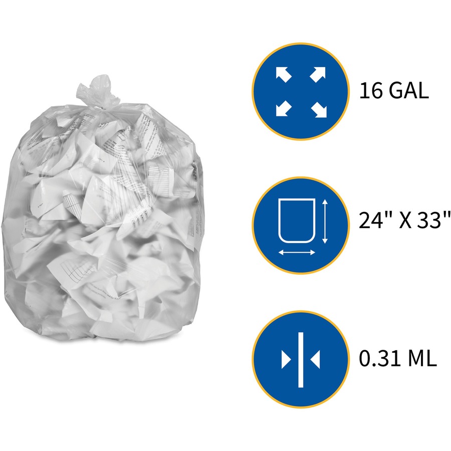 Genuine Joe High-Density Can Liners - Small Size - 16 gal Capacity - 24" Width x 32" Length - 0.31 mil (8 Micron) Thickness - High Density - Clear - Resin - 20/Carton - 50 Per Roll - Office Waste, Industrial Trash