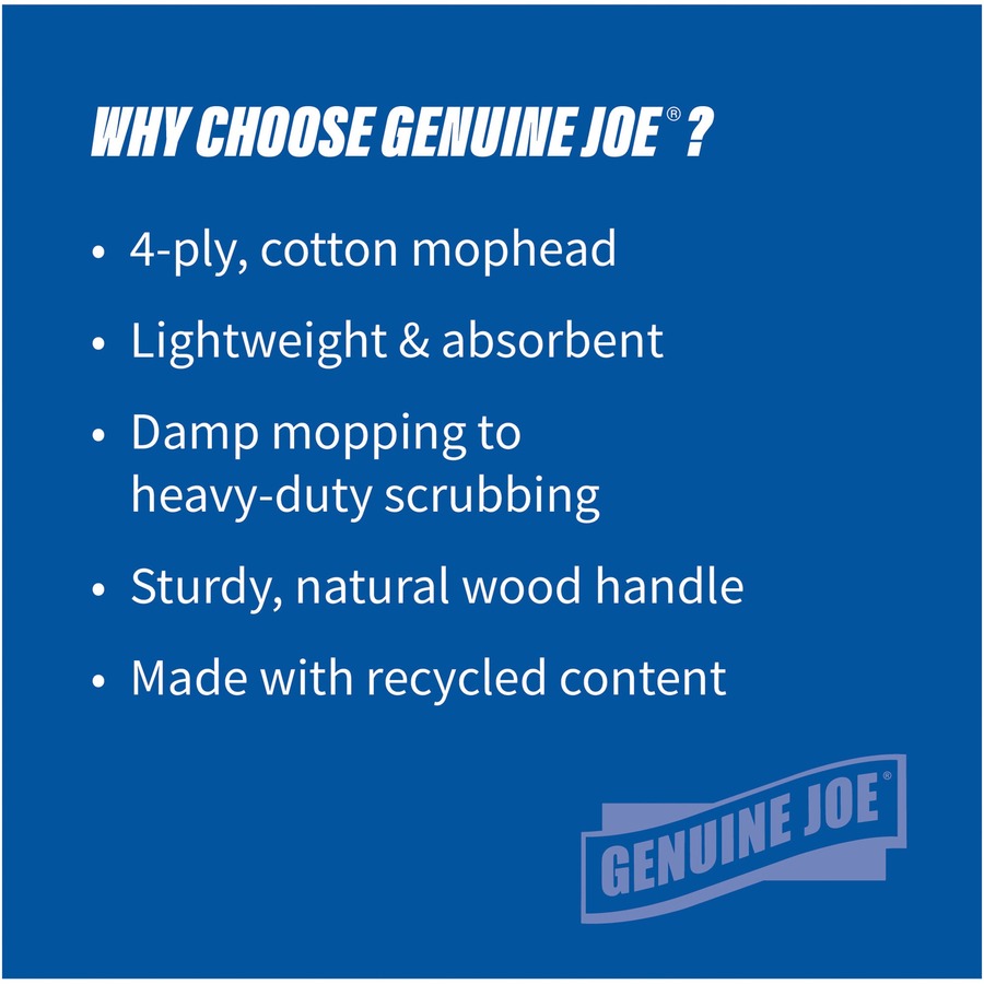 Genuine Joe Wood Handle Complete Wet Mop - 60" x 0.94" Cotton Head Wood Handle - Lightweight, Rust Resistant, Absorbent, 4-ply, Refillable - 1 Each