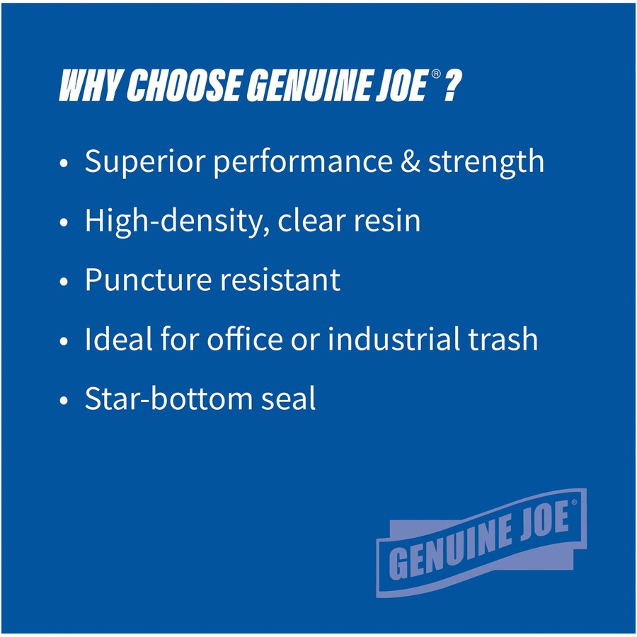 Genuine Joe High-density Can Liners - Extra Large Size - 56 gal Capacity - 43" Width x 48" Length - 0.63 mil (16 Micron) Thickness - High Density - Clear - Resin - 10/Carton - 20 Per Roll - Office Waste, Industrial Trash