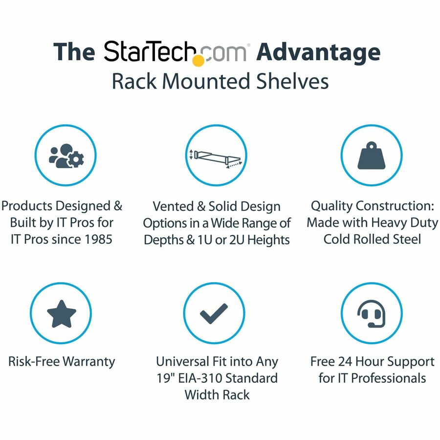 StarTech.com 2U Server Rack Cabinet Shelf - Fixed 16" Deep Cantilever Rackmount Tray for 19" Data/AV/Network Enclosure w/cage nuts, screws - 2U 19in server rack cabinet shelf 16in deep - EIA/ECA-310 Cantilever tray w/universal fit in Data/Network enclosur