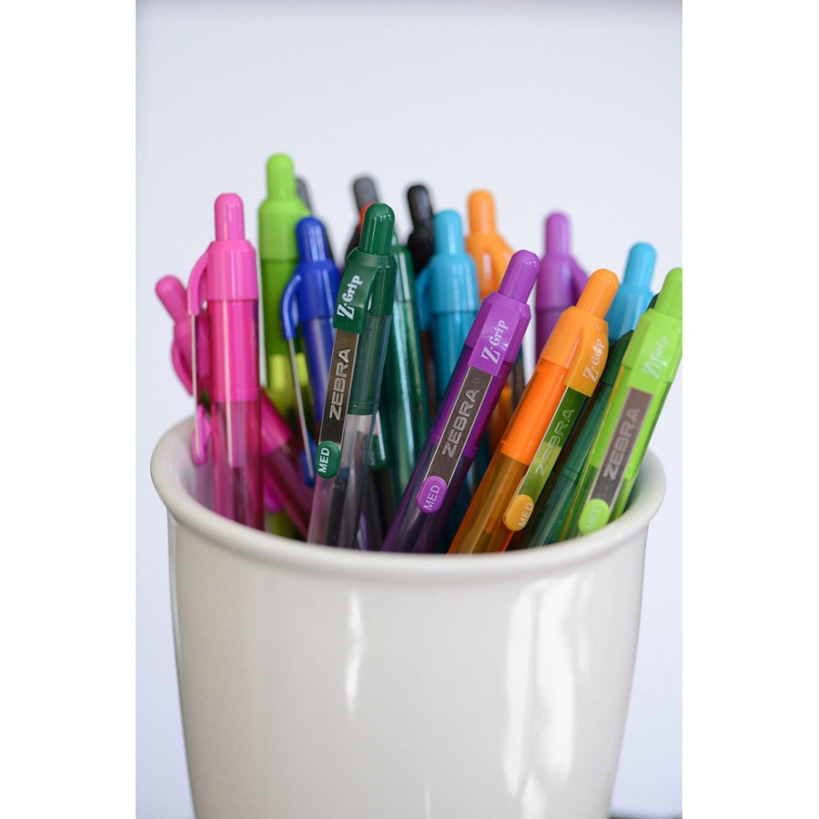 Zebra Z-Grip Retractable Ballpoint Pens - Medium Pen Point - 1 mm Pen Point Size - Retractable - Black, Blue, Red, Green, Violet, Orange, Teal, Fuschia - Clear Barrel - 24 / Pack