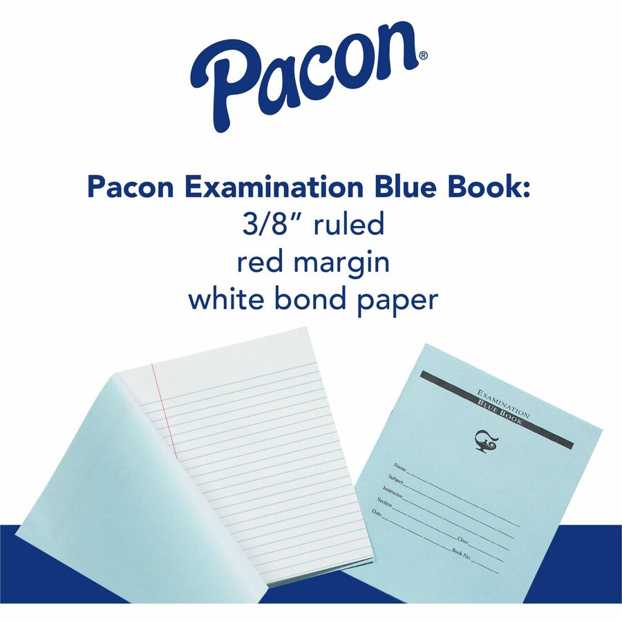 Pacon Blue Book Examination Book - 8 Sheets - 0.38" Ruled - Red Margin - 7" x 8 1/2" - White Paper - Blue Cover - Bond Paper - Recycled - 1000 / Carton