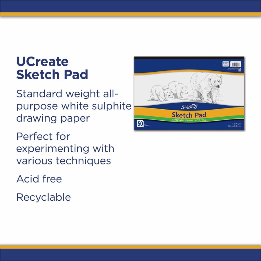 UCreate Medium Weight Sketch Pads - 50 Sheets - 18" x 12" - White Paper - Mediumweight, Acid-free - Recycled - 50 / Pad