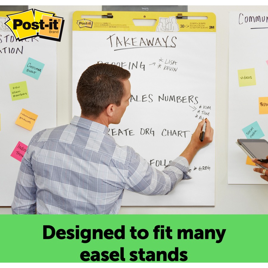 Post-it® Easel Pad with Recycled Paper - 30 Sheets - Plain - Stapled - 18.50 lb Basis Weight - 25" x 30" - 30.50" x 25" - White Paper - Black Cover - Self-adhesive, Bleed-free, Repositionable, Resist Bleed-through, Removable, Sturdy Back, Cardboard Ba