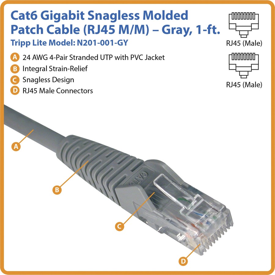 Picture of Eaton Tripp Lite Series Cat6 Gigabit Snagless Molded (UTP) Ethernet Cable (RJ45 M/M), PoE, Gray, 1 ft. (0.31 m)