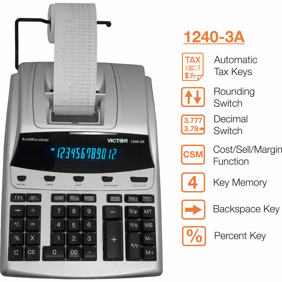 Victor 1240-3A 12 Digit Heavy Duty Commercial Printing Calculator - Dual Color Print - Dot Matrix - 4.3 lps - Big Display, Independent Memory - 12 Digits - Fluorescent - AC Supply/Power Adapter Powered - 3.3" x 9" x 12.8" - White - 1 Each