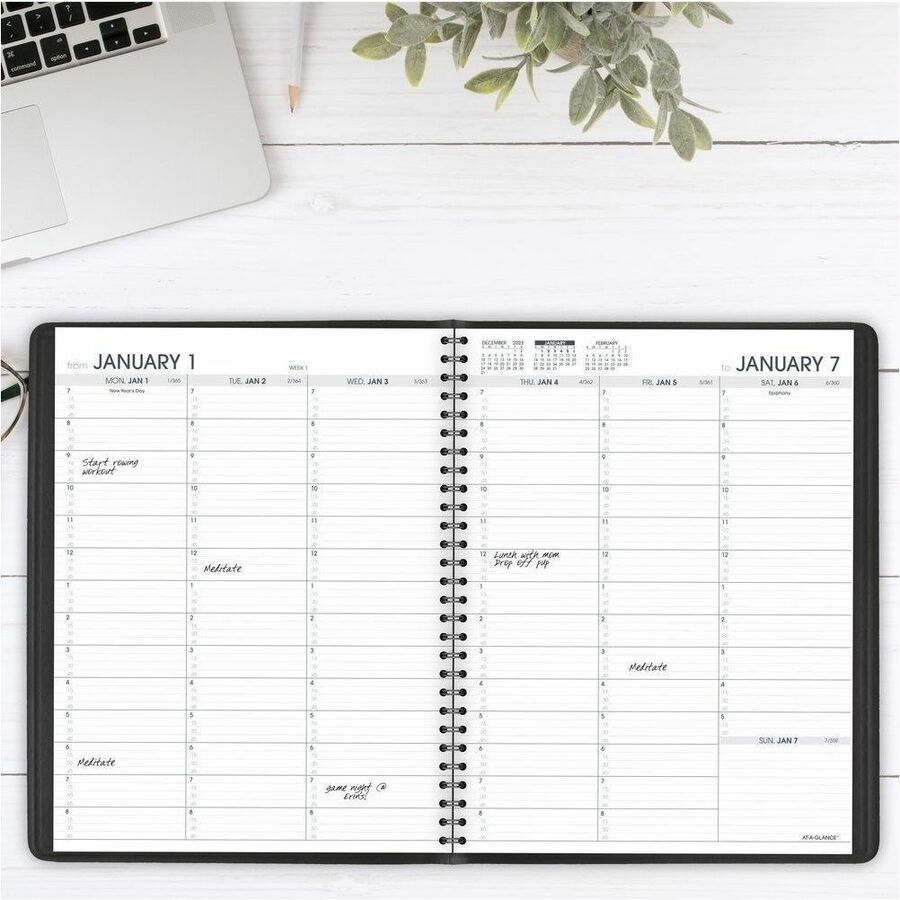 At-A-Glance Weekly Appointment Book - Large Size - Julian Dates - Weekly - 1 Year - January 2024 - January 2025 - 7:00 AM to 8:45 PM - Quarter-hourly, 7:00 AM to 5:30 PM - 1 Week Double Page Layout - 8 1/4" x 11" White Sheet - Wire Bound - Black - Paper, 