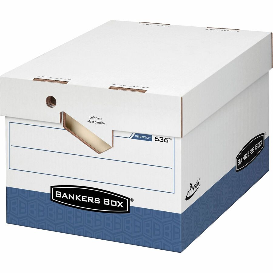 Presto Storage Box offers quick setup. Simply push the corners together, and the box is ready for use to store letter-size or legal-size files. Heavy-duty, Bankers Box is strong, dependable, portable and stackable with a double-bottom, double-end, double-side construction. Ideal for frequent access. Stacking weight is 850 lb. Ergonomic handles are engineered for maximum comfort and reduced wrist strain. Design also includes a deep locking, liftoff lid. Storage box is made of a high percentage of recycled material. More from the Manufacturer 