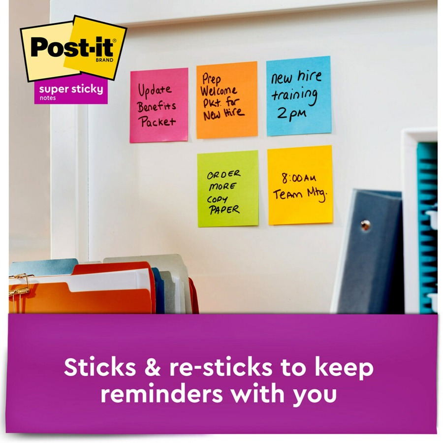 Post-it® Super Sticky Note Pads - Energy Boost Color Collection - 135 - 3" x 3" - Square - 45 Sheets per Pad - Unruled - Vital Orange, Tropical Pink, Limeade - Paper - Self-adhesive - 3 / Pack