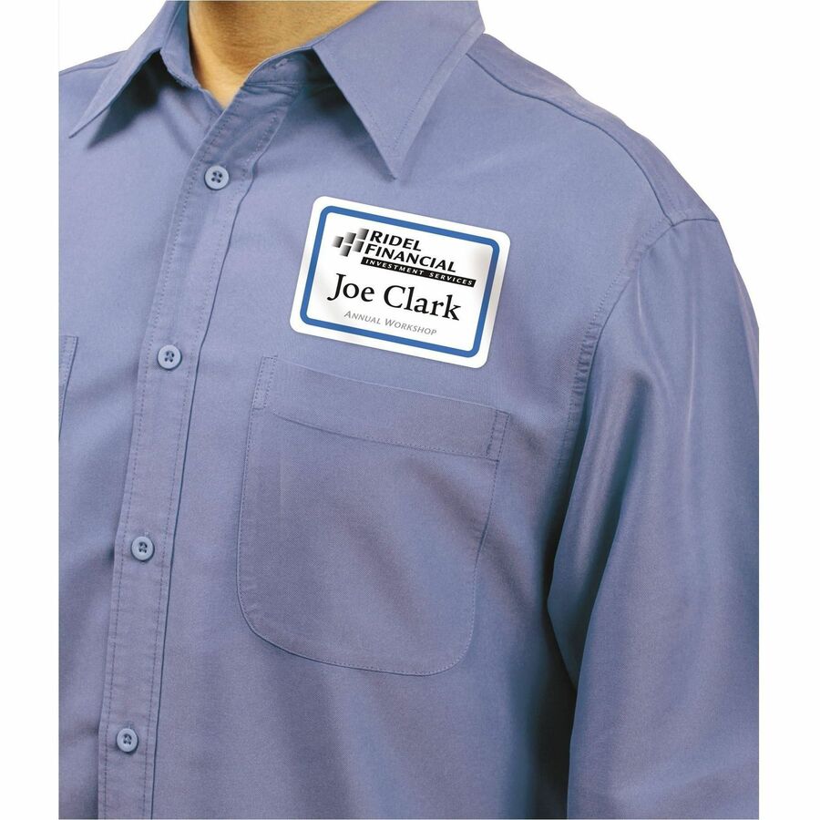 Avery® Flexible Name Tag Stickers, White Rectangle Label with Blue Border, Removable Name Badges, 2-1/3" x 3-3/8" , 400 Labels (5895) - 2 1/3" Height x 3 3/8" Width - Rectangle - Laser, Inkjet - Blue, White - Film - 8 / Sheet - 50 Total Sheets - 400 T - Name Badges/Systems - AVE05895