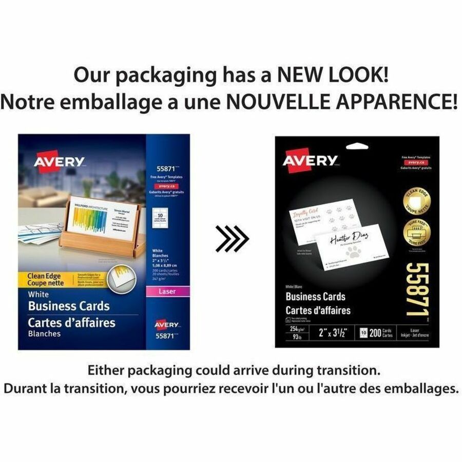 Cartes d'affaires avec technologie Sure Feed<sup>MC</sup> Coupe nette, 2" x 3-1/2" , pour imprimantes laser et à jet d'encre