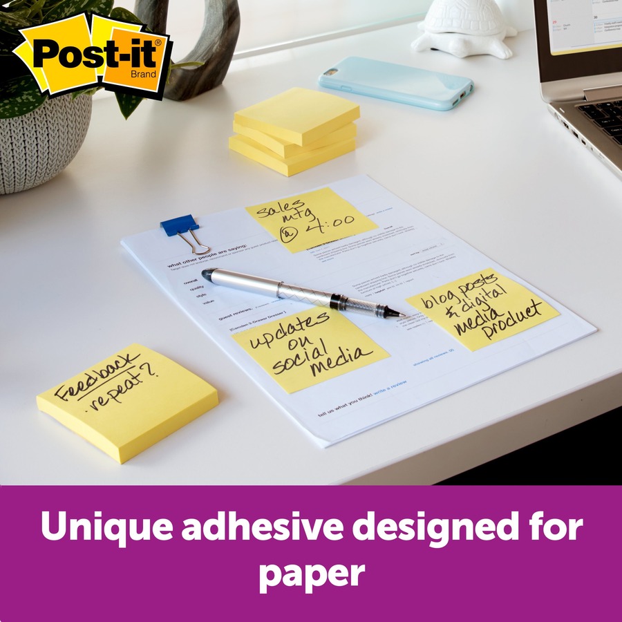 Post-it® Greener Pop-up Notes - 1200 - 3" x 3" - Square - 100 Sheets per Pad - Unruled - Canary Yellow - Paper - Self-adhesive, Repositionable, Non-smearing - 12 / Pack - Adhesive Note Pads - MMMR330RP12YW