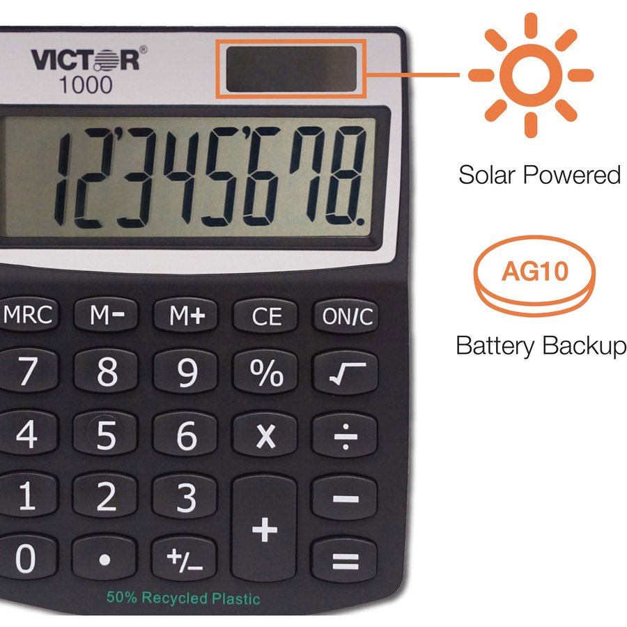 Victor 1000 Mini Desktop Calculator - Large LCD, Battery Backup, Independent Memory, Plastic Key, Dual Power - 0.71" - 8 Digits - LCD - Battery/Solar Powered - 0.5" x 3.3" x 4.3" - Black - Plastic - 1 Each